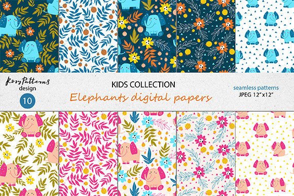 Funny Elephant Seamless Patterns
