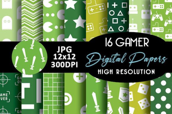 Green Gamer Geek Digital Papers Patterns